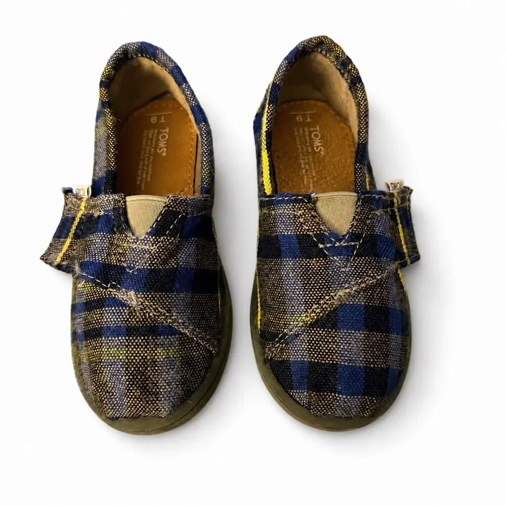 TOMS Toddler Shoes Size 9 Blue Plaid Slip On Alpargata Kids Casual